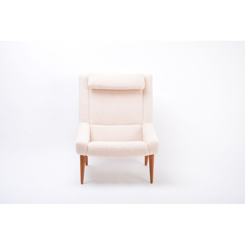 Fauteuil lounge vintage à dossier haut en peluche blanche par Illum Wikkelso 1960