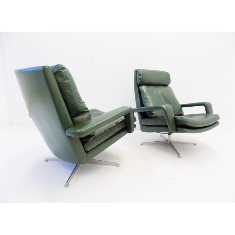 Pair of vintage Kaufeld green leather armchairs 1960s