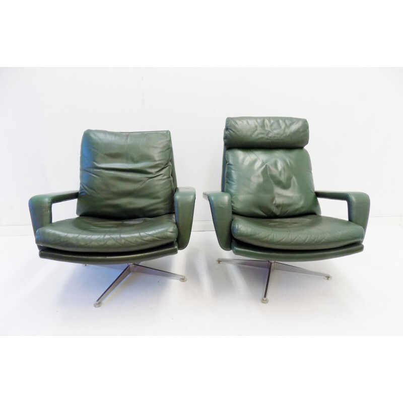 Pair of vintage Kaufeld green leather armchairs 1960s