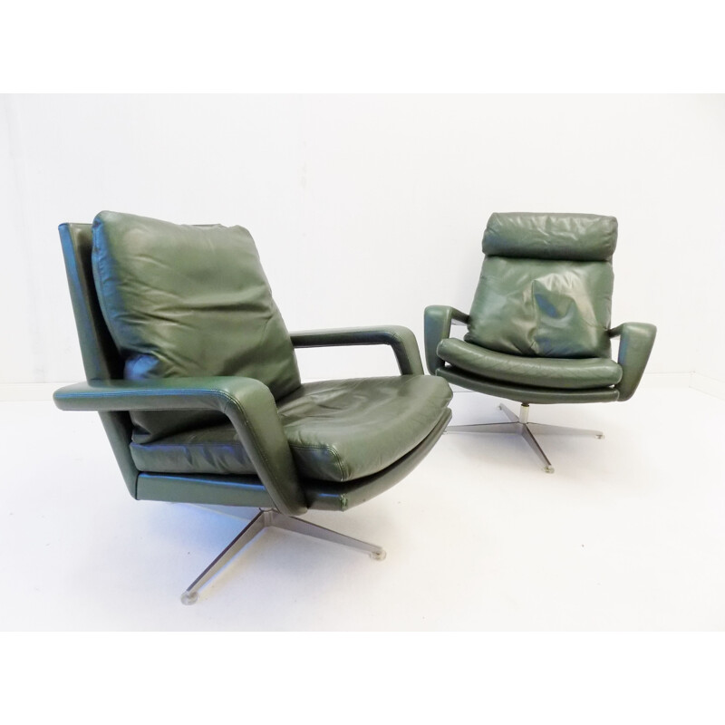 Pair of vintage Kaufeld green leather armchairs 1960s