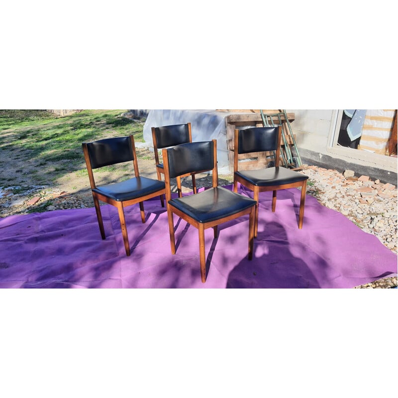 4 chaises vintage en teck et Skaï noir scandinaves