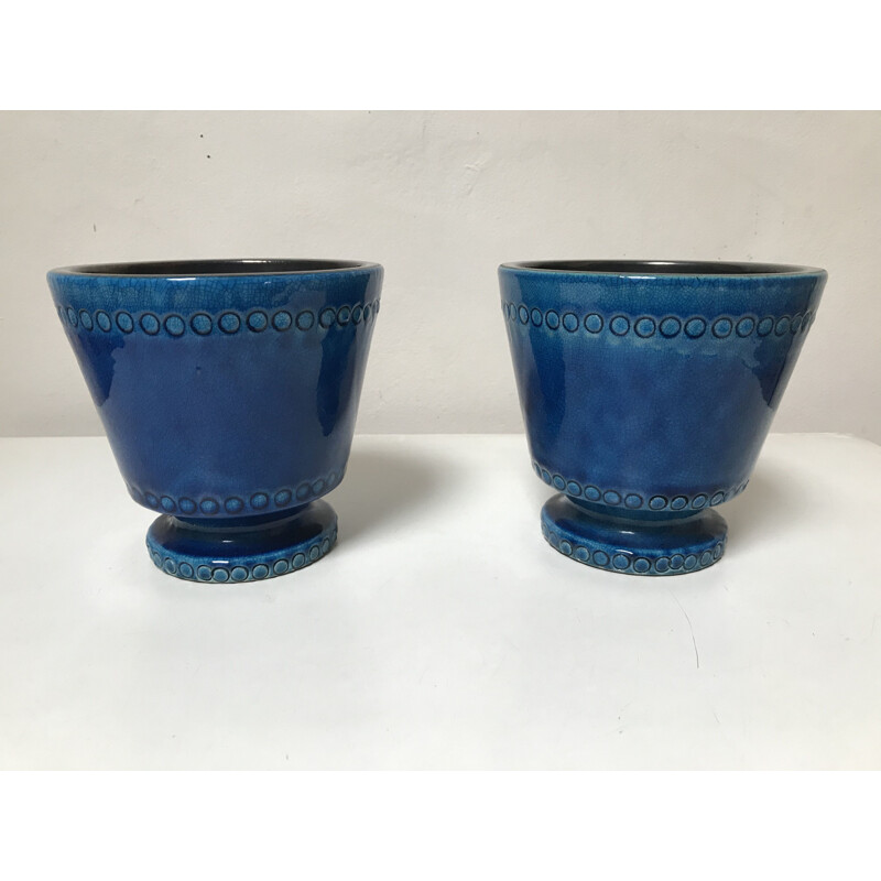 Pair of vintage blue ceramic pots by Pol Chambost