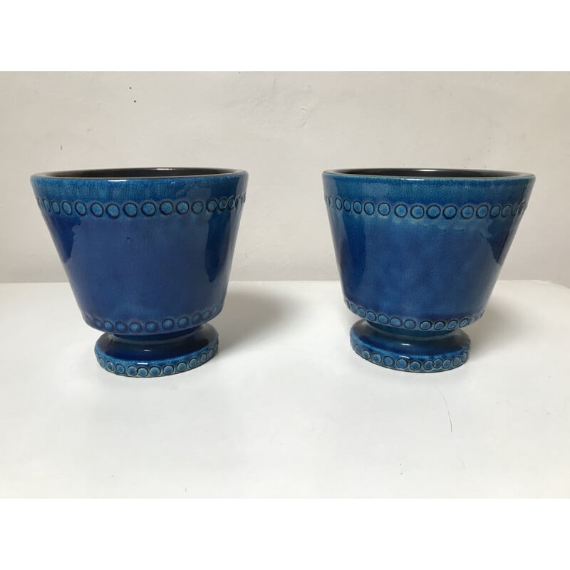 Par de macetas vintage de cerámica azul de Pol Chambost