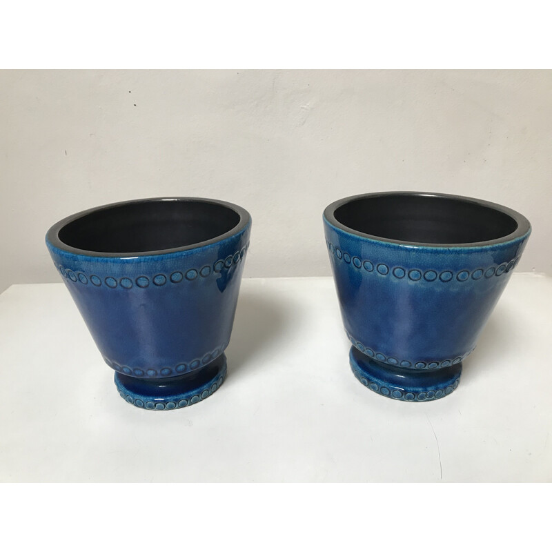 Paire de pots vintage en céramique bleue par Pol Chambost