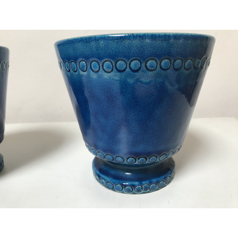 Coppia di vasi vintage in ceramica blu di Pol Chambost