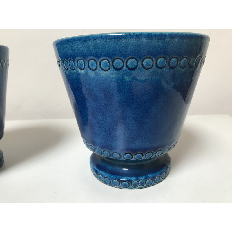 Paire de pots vintage en céramique bleue par Pol Chambost
