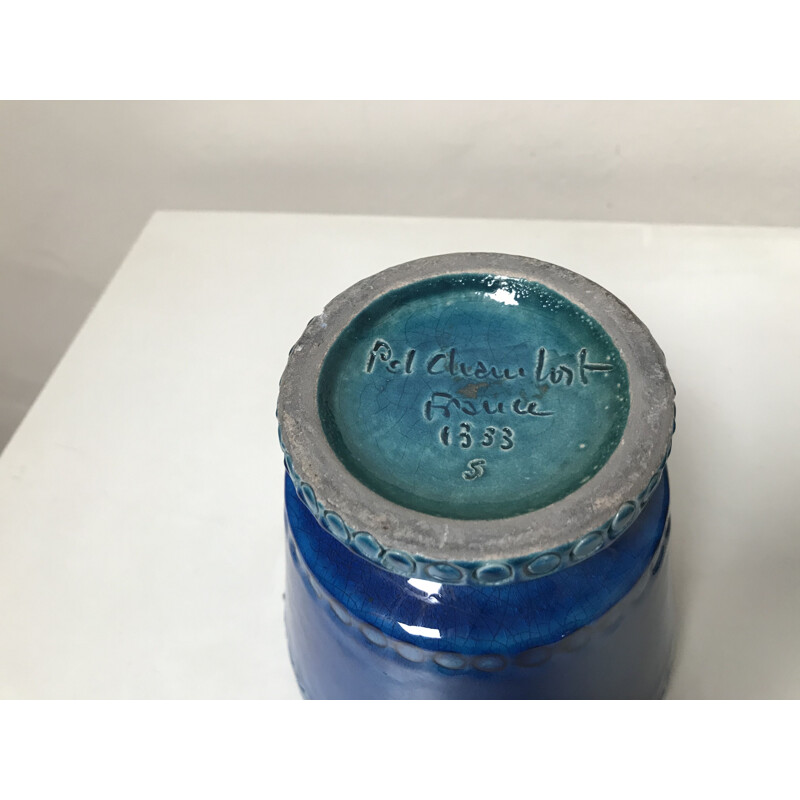 Par de macetas vintage de cerámica azul de Pol Chambost