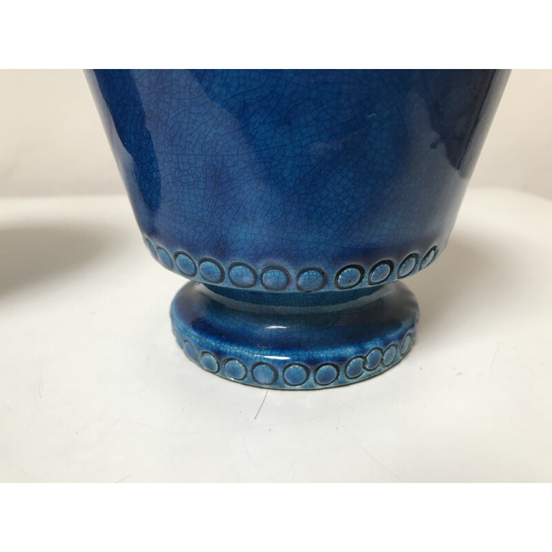 Coppia di vasi vintage in ceramica blu di Pol Chambost