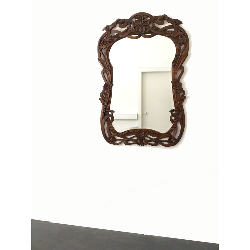 Vintage Wall Mirror with carved Blossoms and Flowers,Art Nouveau France, 1940s.