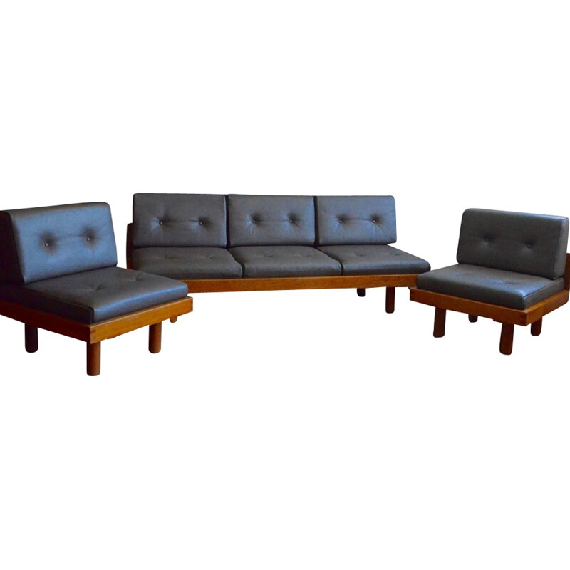 L09 living room set in solid elm, Pierre CHAPO - 1970s