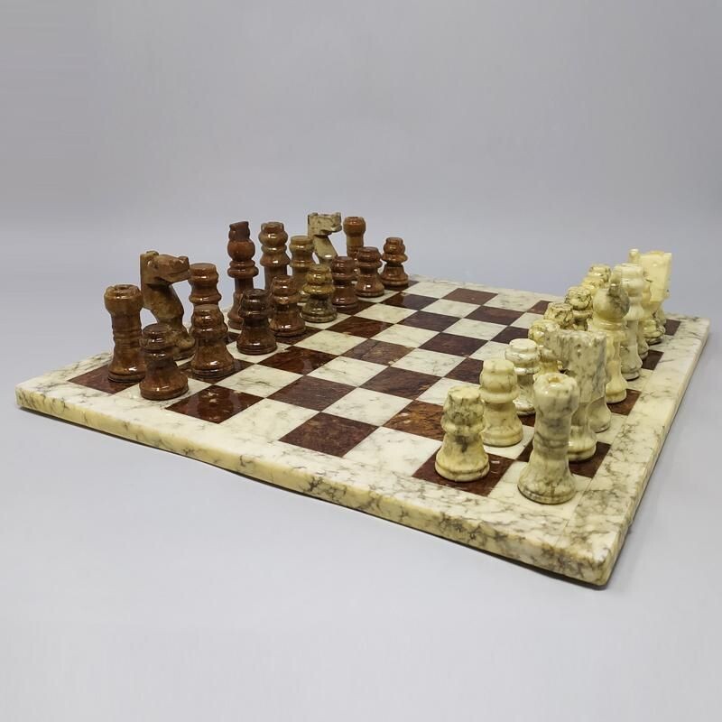 Vintage Brown and Beige Chess Set in Volterra Alabastear Handmade 1960s