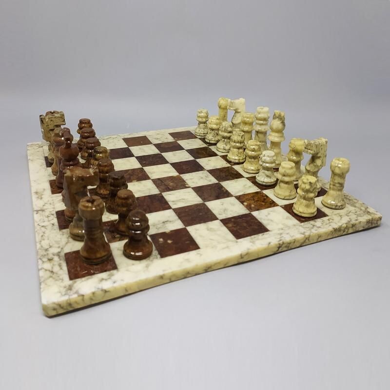 Vintage Brown and Beige Chess Set in Volterra Alabastear Handmade 1960s