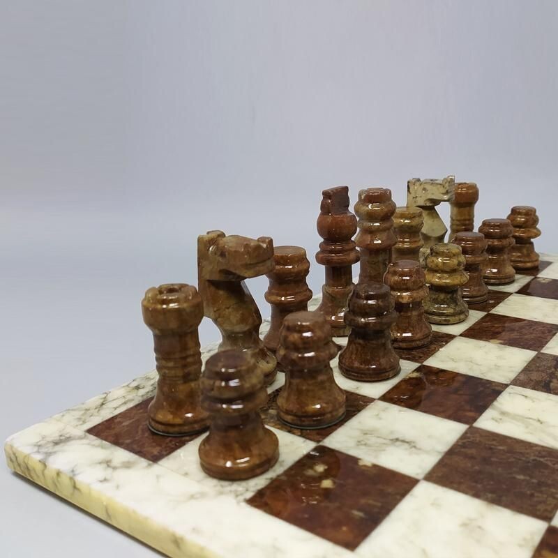 Jeu d'échecs vintage marron et beige à Volterra Alabastear Fait main 1960