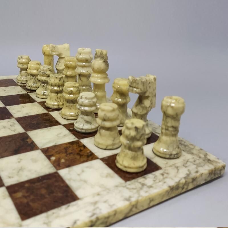 Vintage Brown and Beige Chess Set in Volterra Alabastear Handmade 1960s