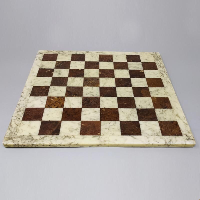 Vintage Brown and Beige Chess Set in Volterra Alabastear Handmade 1960s