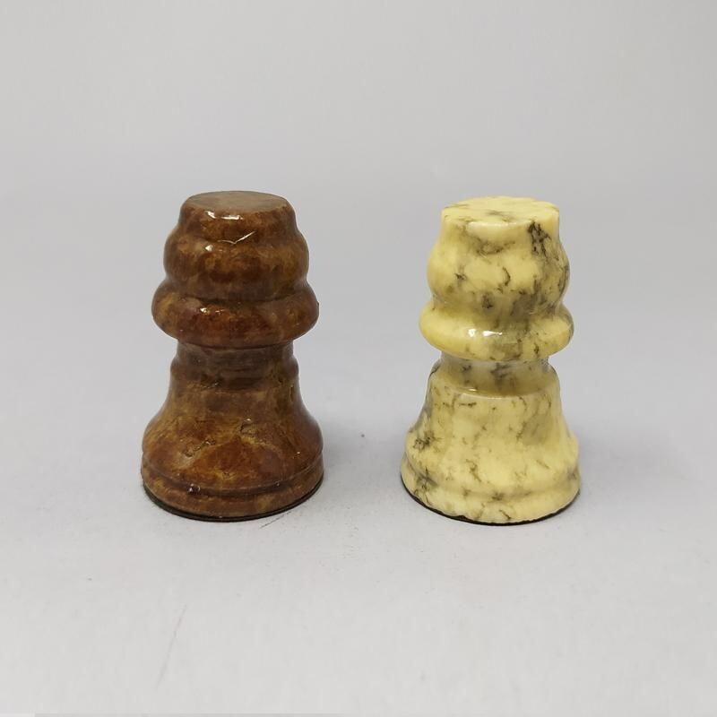 Vintage Brown and Beige Chess Set in Volterra Alabastear Handmade 1960s