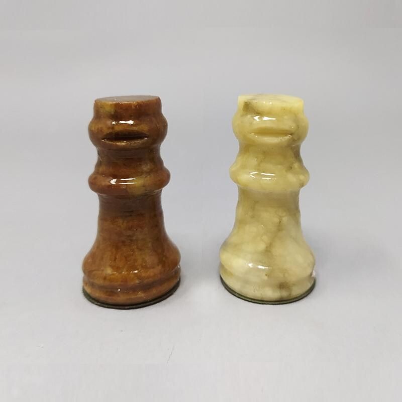 Jeu d'échecs vintage marron et beige à Volterra Alabastear Fait main 1960