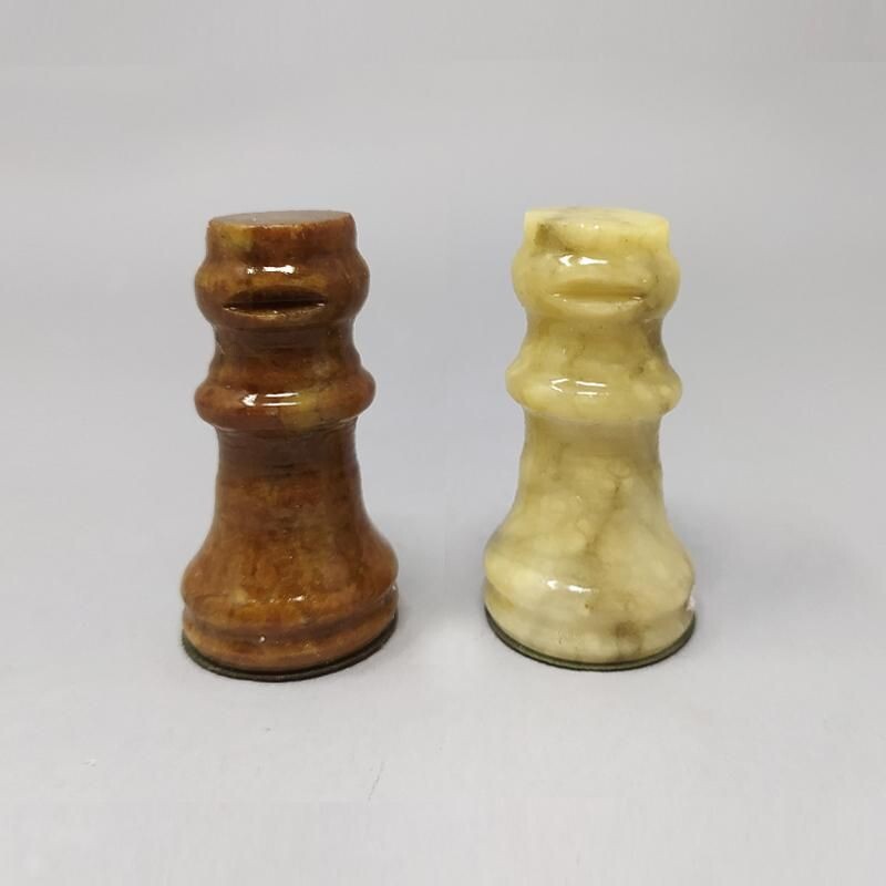 Vintage Brown and Beige Chess Set in Volterra Alabastear Handmade 1960s