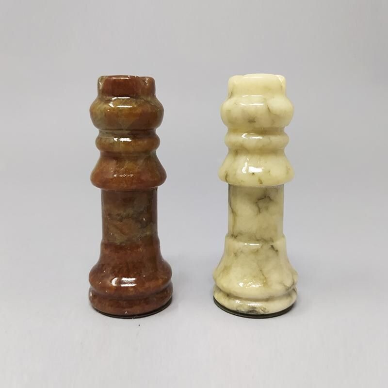 Vintage Brown and Beige Chess Set in Volterra Alabastear Handmade 1960s