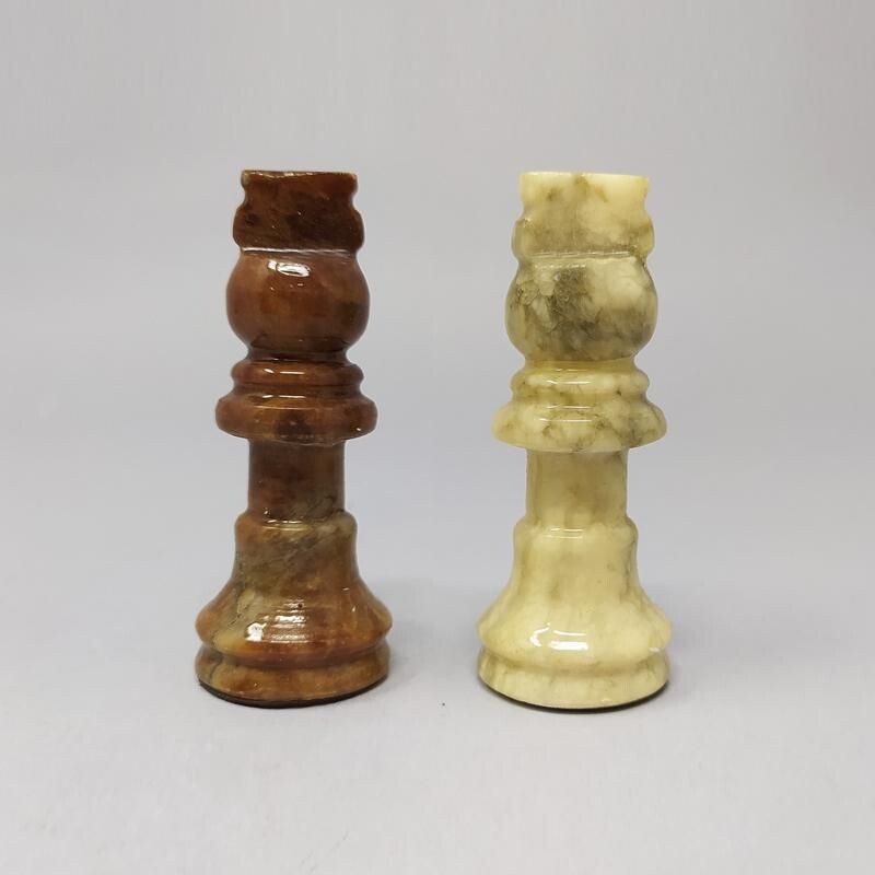 Vintage Brown and Beige Chess Set in Volterra Alabastear Handmade 1960s