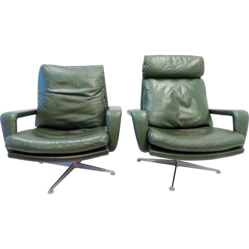 Pair of vintage Kaufeld green leather armchairs 1960s