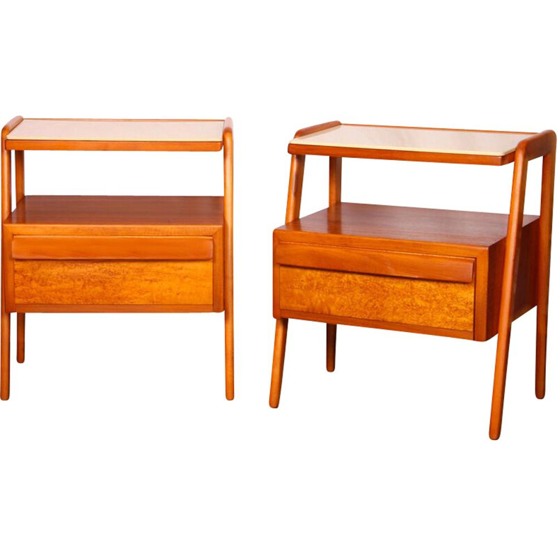 Pair of vintage wooden and opaline night tables by Jitona 1960