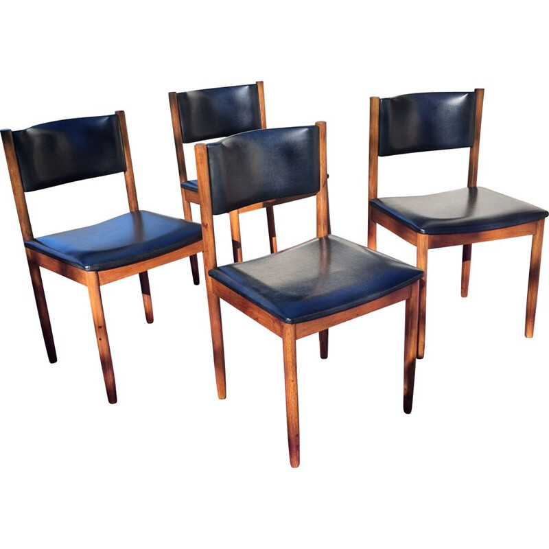 4 vintage chairs in teak and black leatherette Scandinavian