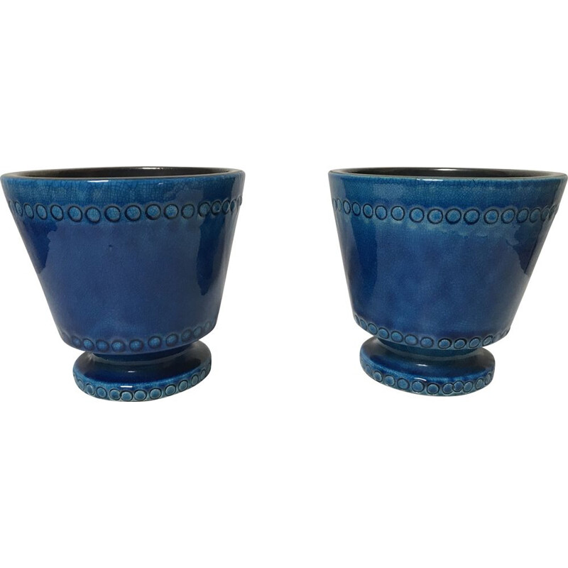 Pair of vintage blue ceramic pots by Pol Chambost