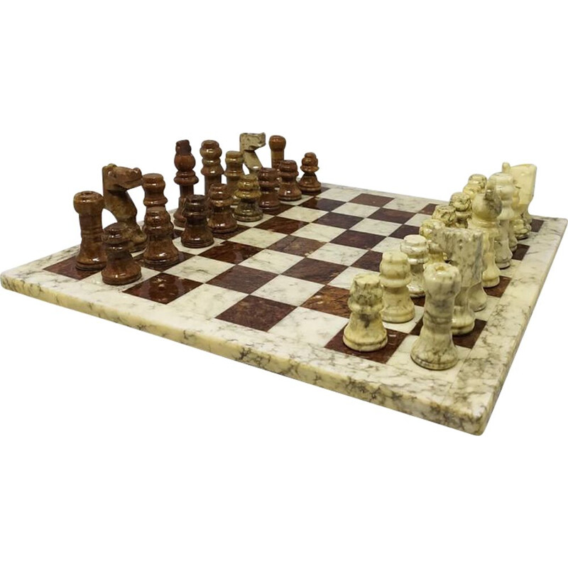 Jeu d'échecs vintage marron et beige à Volterra Alabastear Fait main 1960