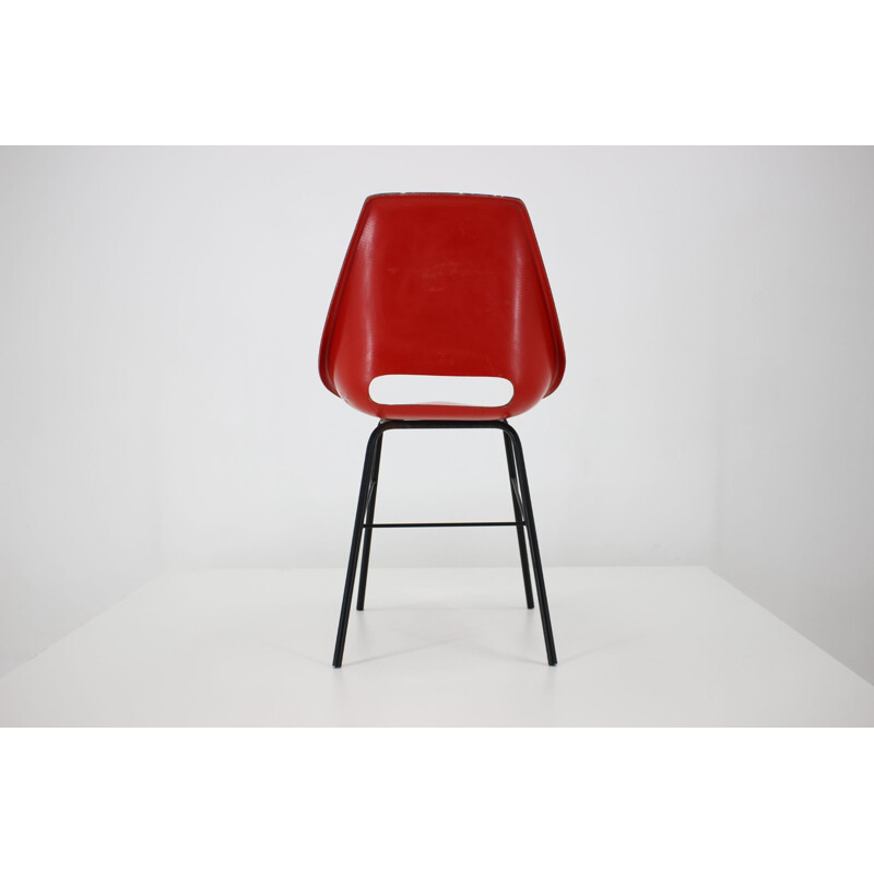 Set of 3 vintage red fiberglass chairs, Czechoslovakia 1960