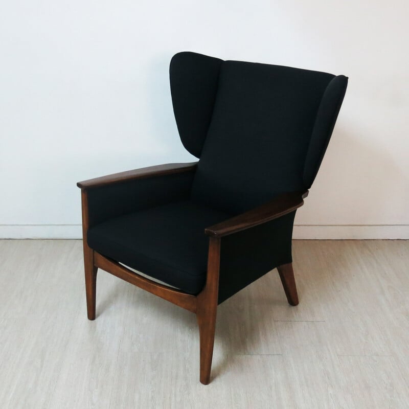 Parker Knoll "Wingback armchair" in teak and black fabric - 1960s