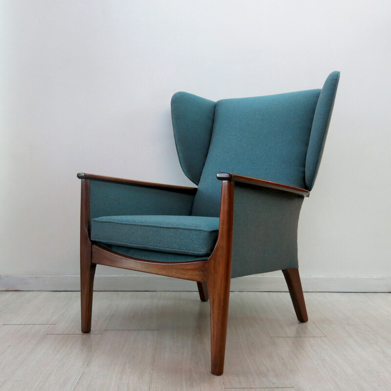 Fauteuil "Wingback" Parker Knoll en tissu bleu et teck - 1960