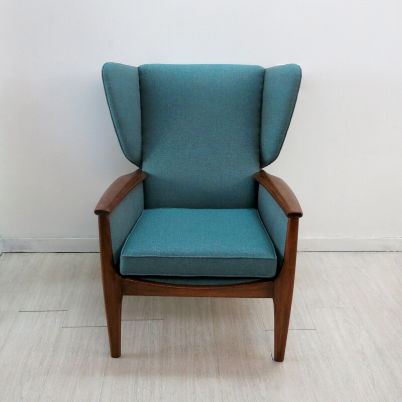 Fauteuil "Wingback" Parker Knoll en tissu bleu et teck - 1960