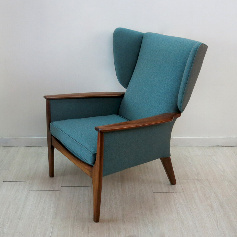 Fauteuil "Wingback" Parker Knoll en tissu bleu et teck - 1960