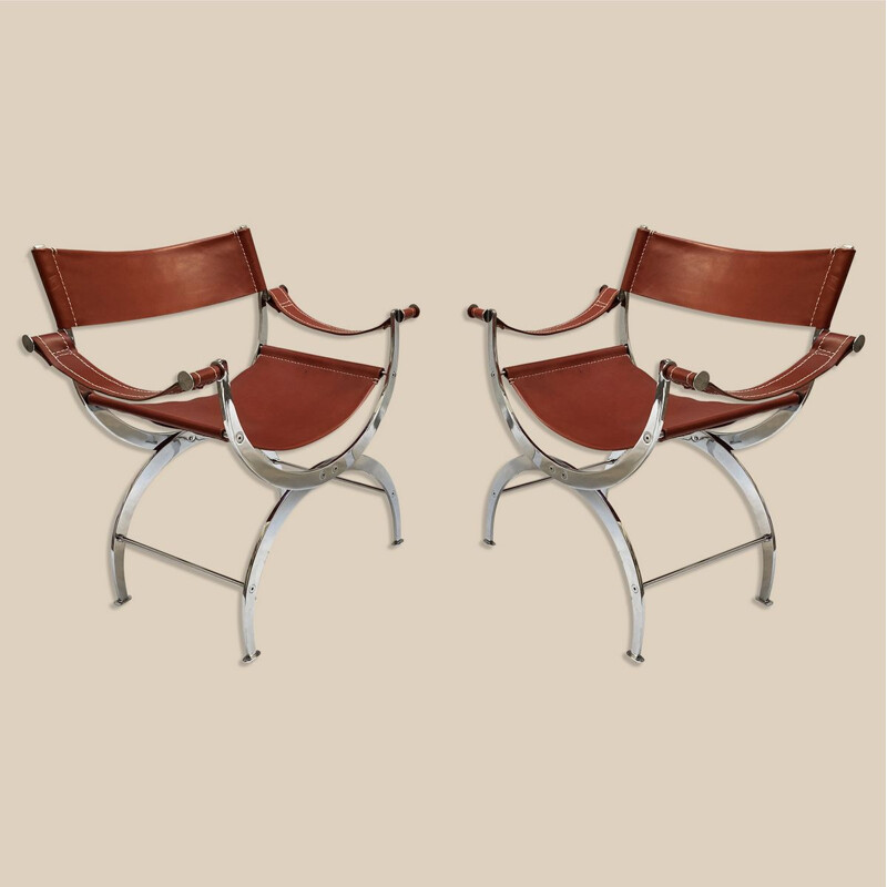 Pair of vintage curules chairs in leather and chromed metal, 1970