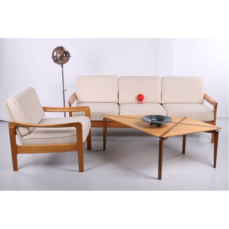 Vintage 3-seater sofa and armchair white Creme Scandinavian 1960s