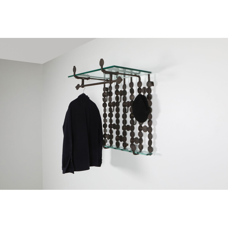 Vintage Brutalist Coat Rack with Shelve in Forged Steel Atelier Français 1970s