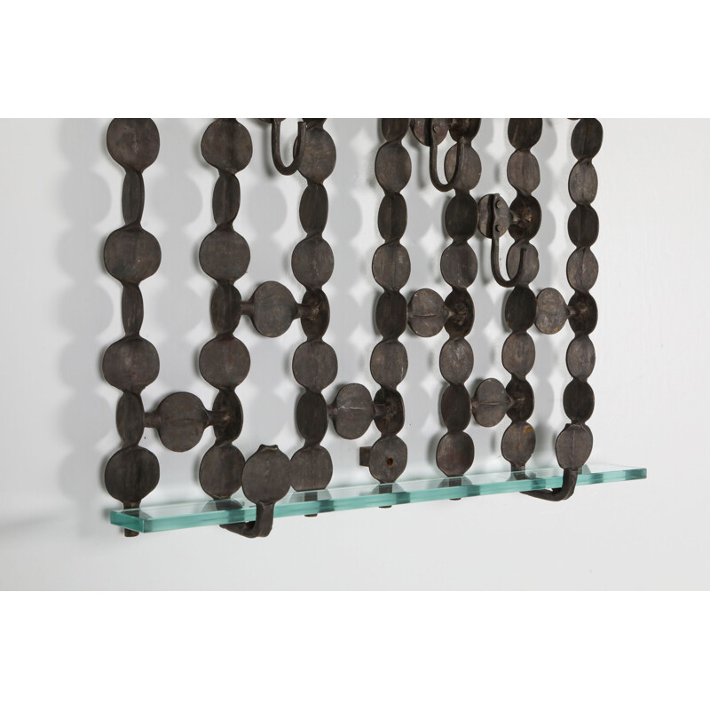 Vintage Brutalist Coat Rack with Shelve in Forged Steel Atelier Français 1970s