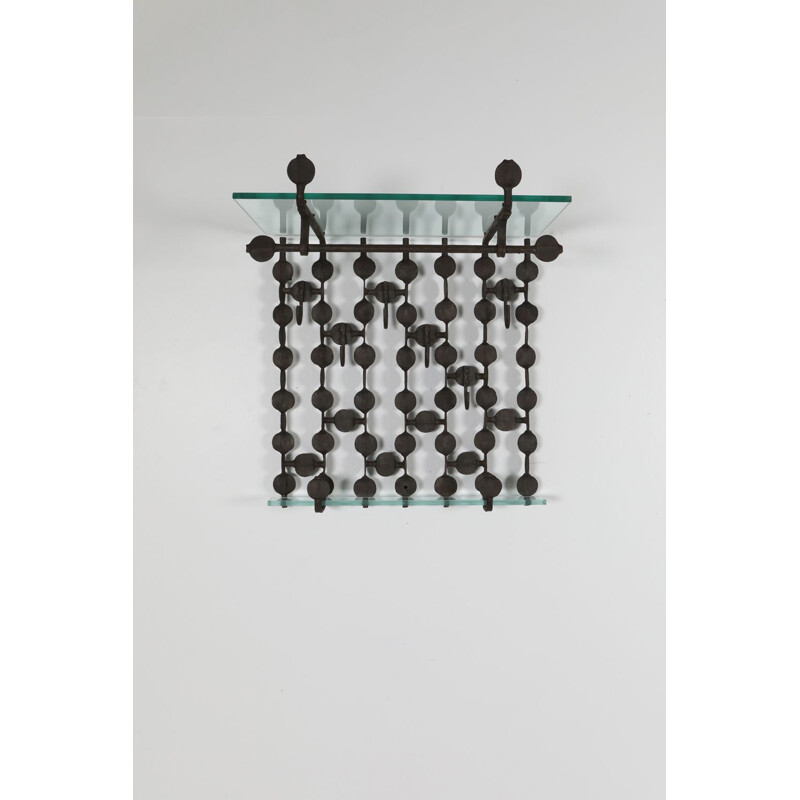 Vintage Brutalist Coat Rack with Shelve in Forged Steel Atelier Français 1970s