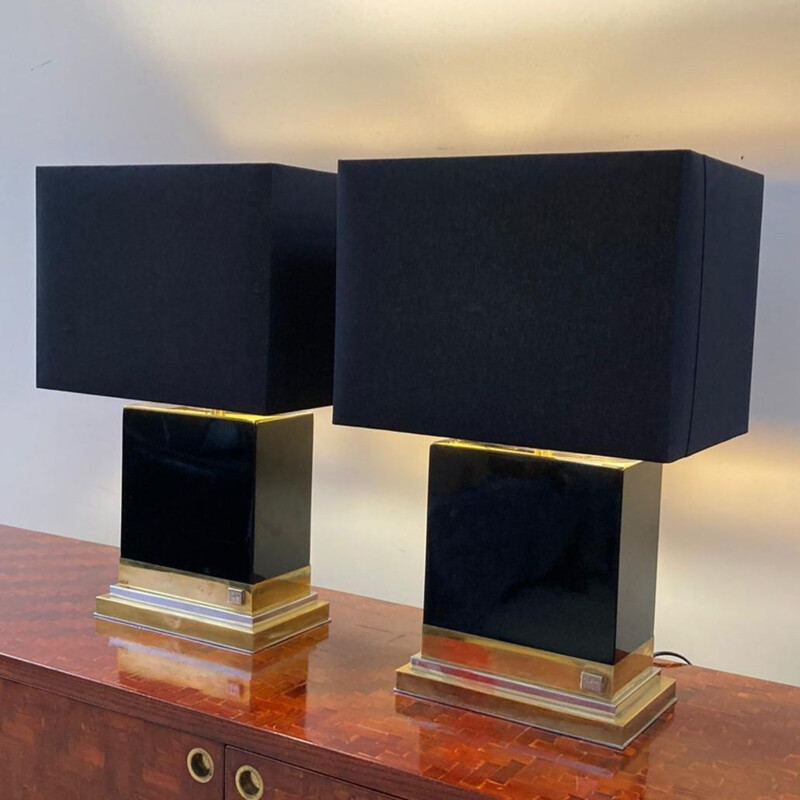Pair of vintage black lacquer lamps by Jean Claude Mahey, 1970