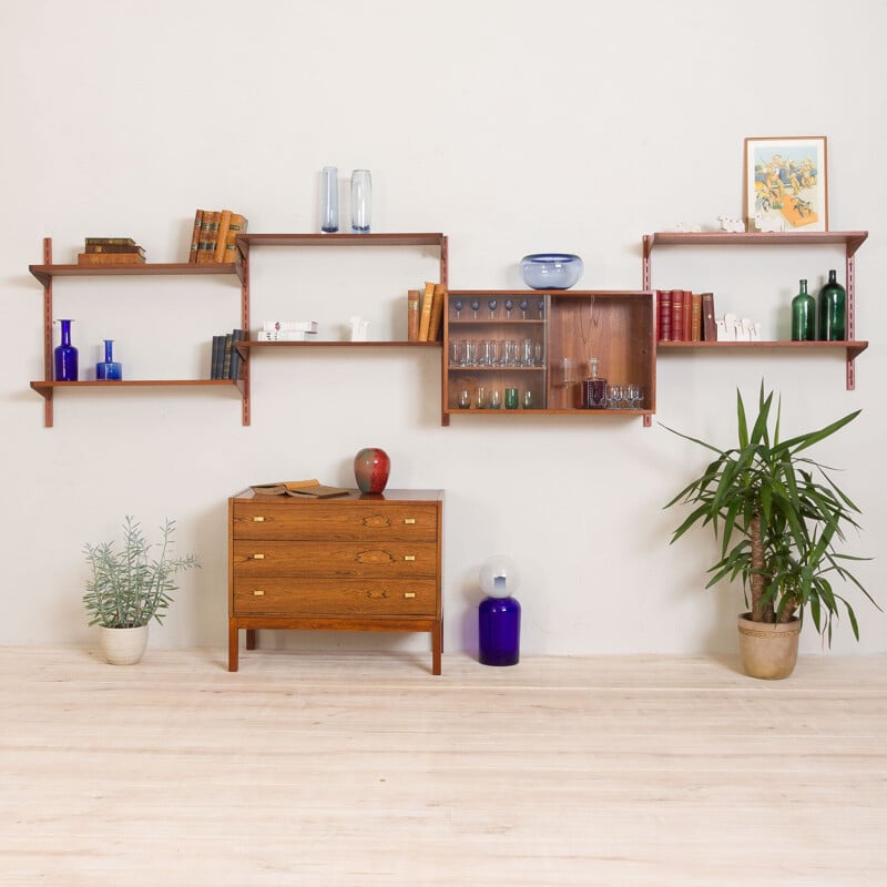 Vintage Wall Unit in Teak with Glass Sliding Door Cabinet by Kai Kristiansen for FM Mobler Danish 1960s