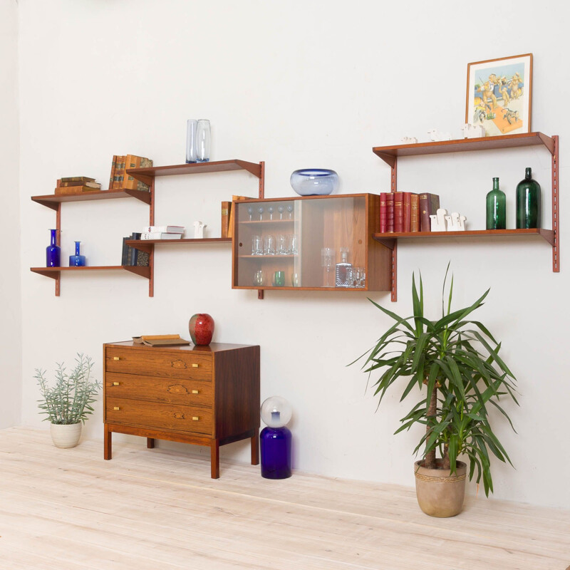 Vintage Wall Unit in Teak with Glass Sliding Door Cabinet by Kai Kristiansen for FM Mobler Danish 1960s