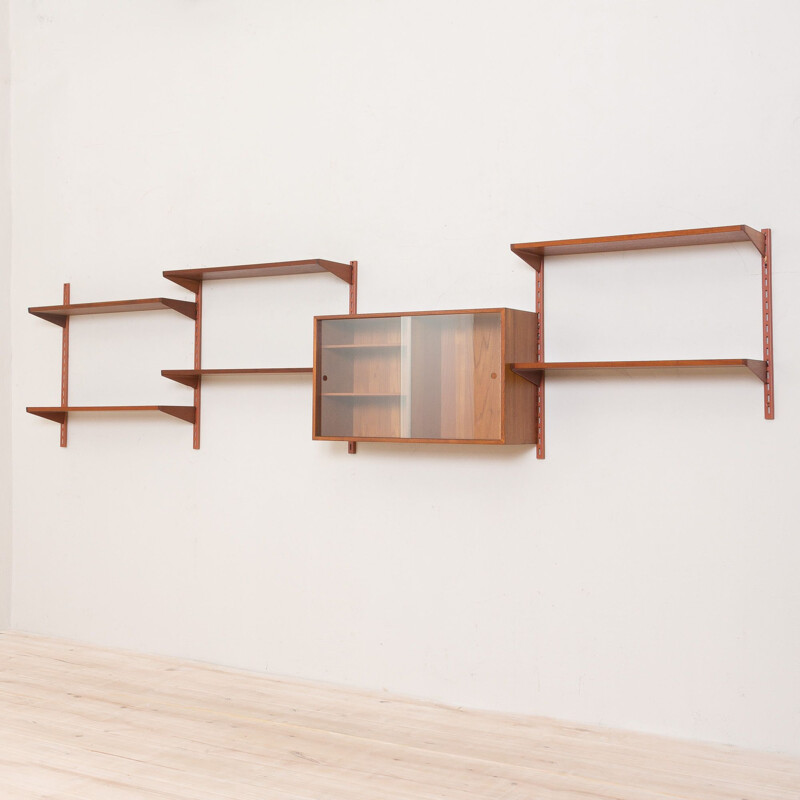 Vintage Wall Unit in Teak with Glass Sliding Door Cabinet by Kai Kristiansen for FM Mobler Danish 1960s