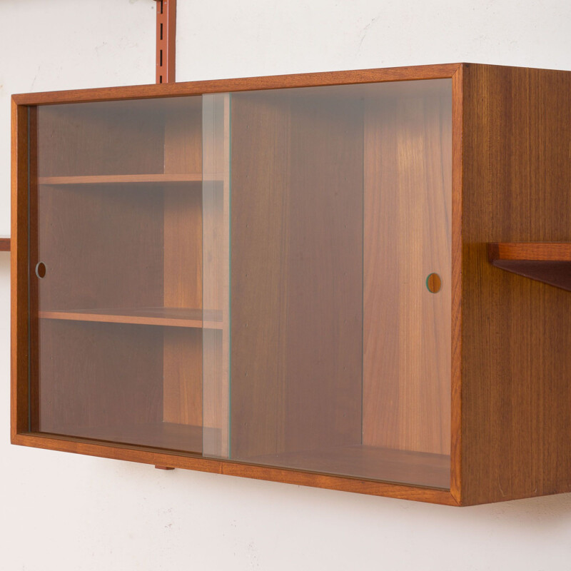 Vintage Wall Unit in Teak with Glass Sliding Door Cabinet by Kai Kristiansen for FM Mobler Danish 1960s