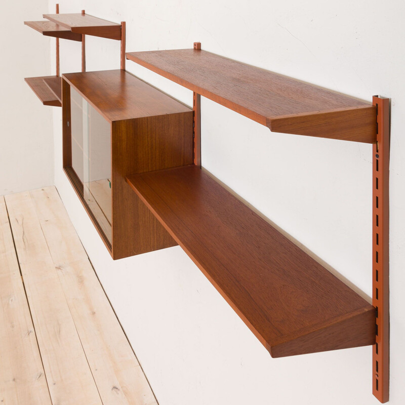 Vintage Wall Unit in Teak with Glass Sliding Door Cabinet by Kai Kristiansen for FM Mobler Danish 1960s