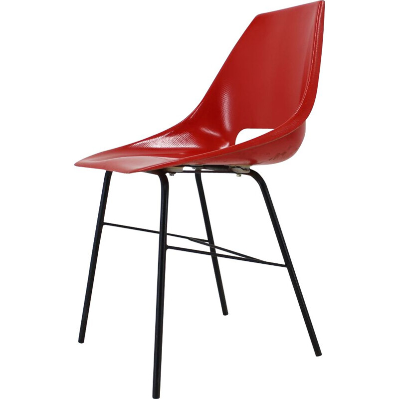 Conjunto de 3 cadeiras de fibra de vidro vermelho vintage, Checoslováquia 1960