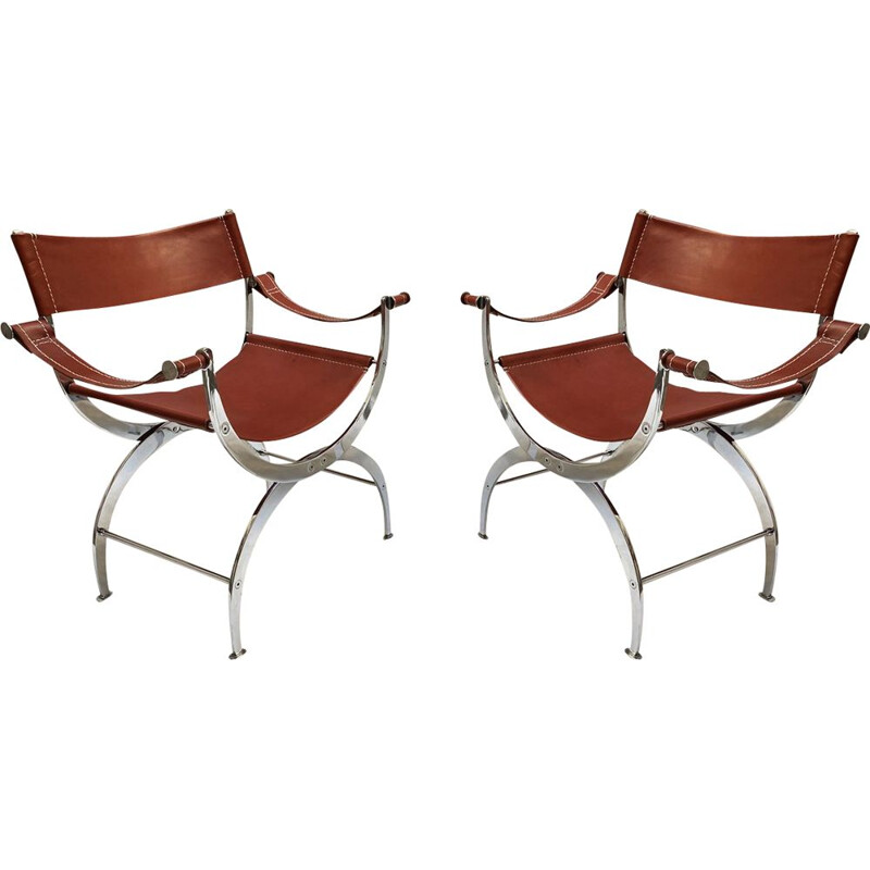 Pair of vintage curules chairs in leather and chromed metal, 1970
