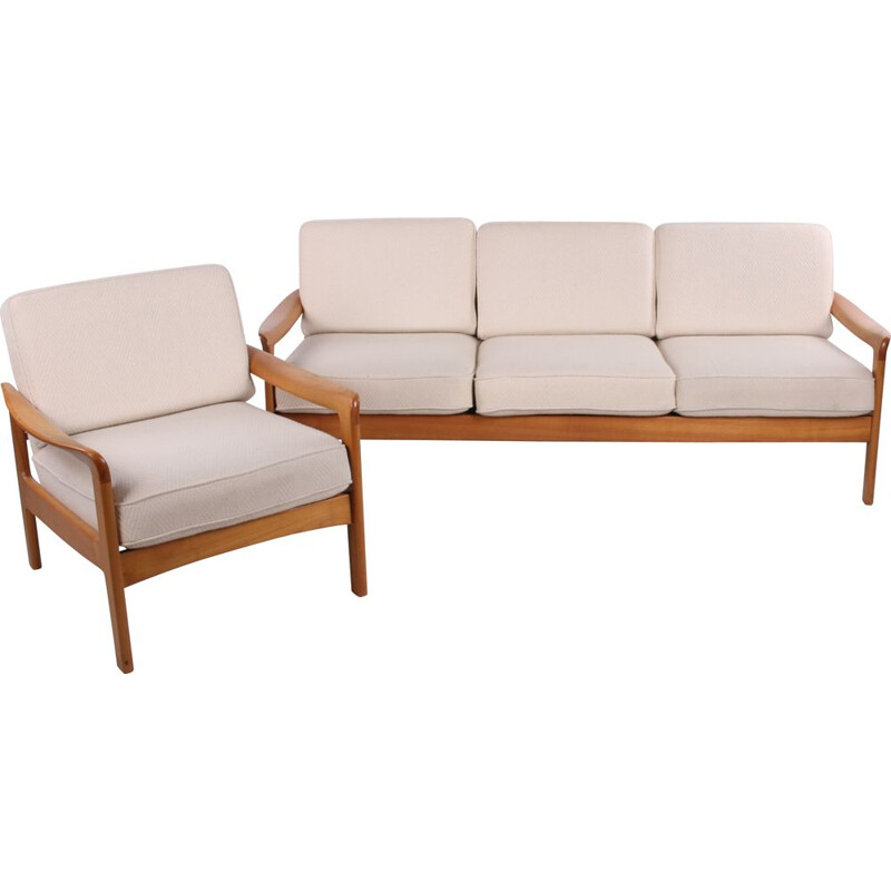 Vintage 3-seater sofa and armchair white Creme Scandinavian 1960s