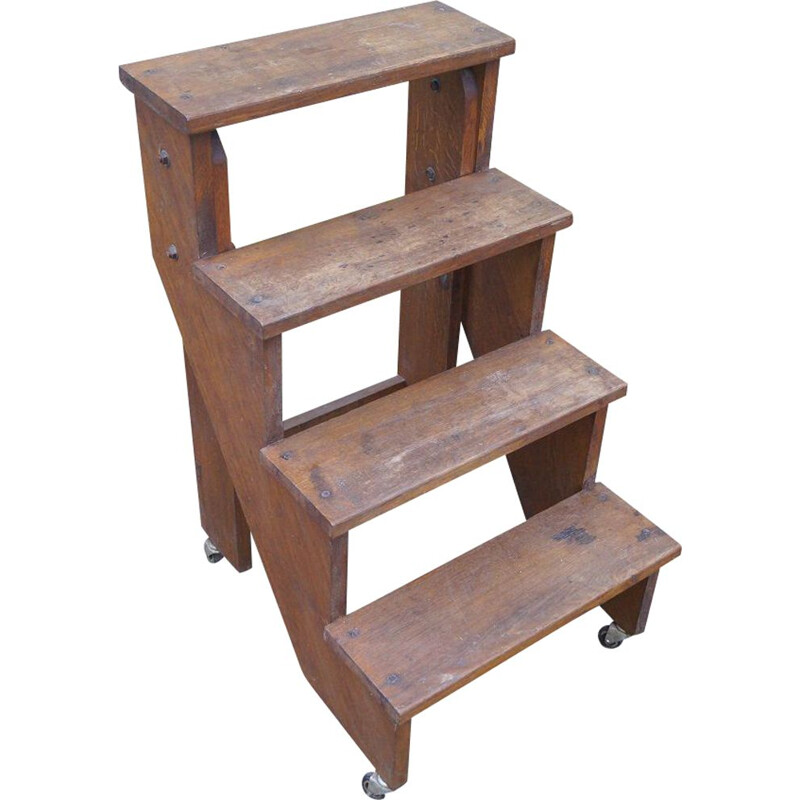 Vintage oak bookcase stepladder 1950s