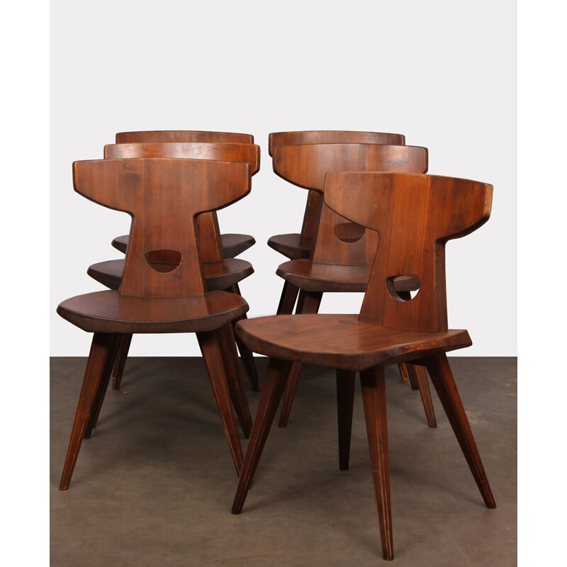 Conjunto de 6 cadeiras de pinho maciço vintage de Jacob Kielland-Brandt para Christiansen, 1960